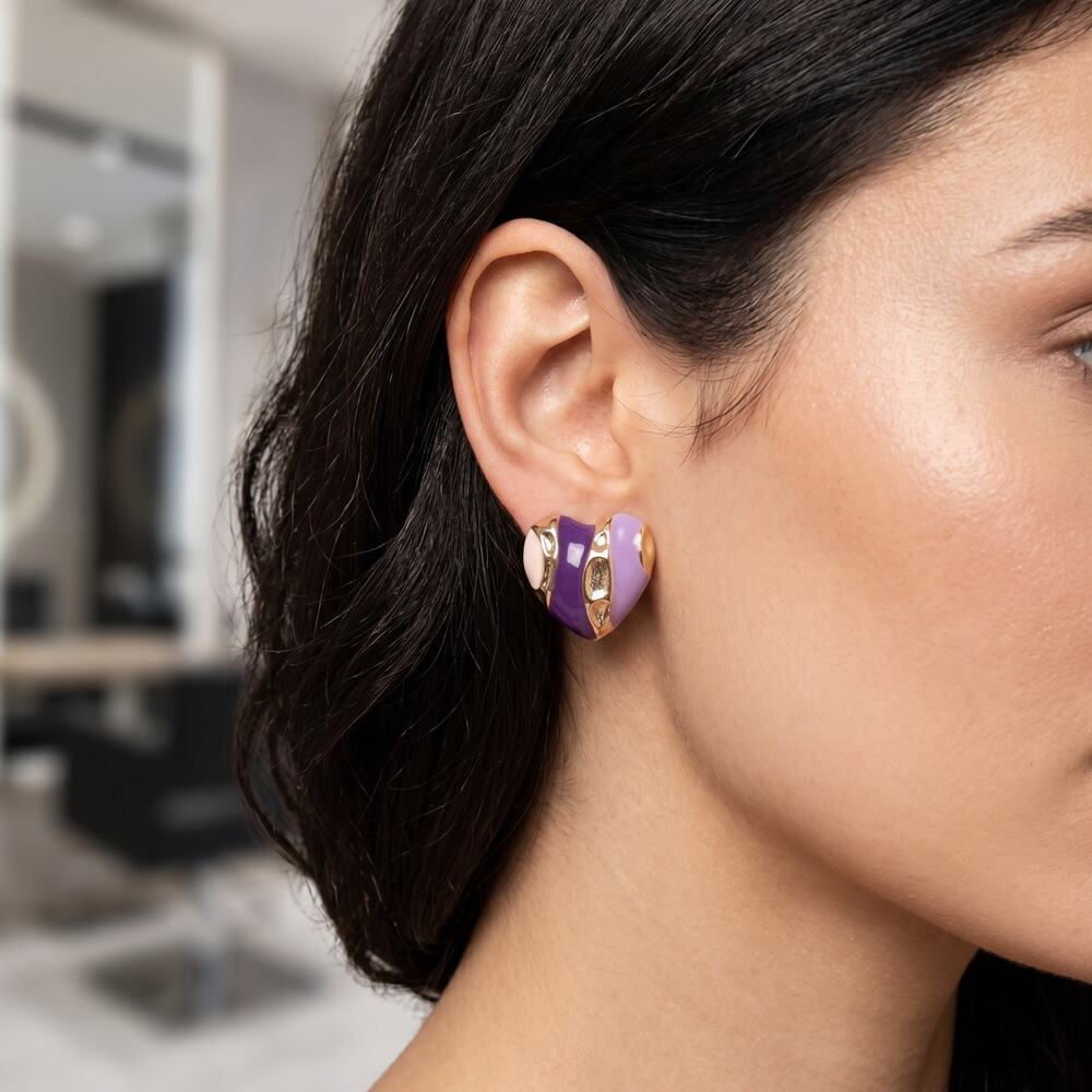 3/$25 - Soigné Purple Heart Stud Earrings Gold Tone Handmade